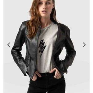 Saint + Sofia Blane Black Leather Bomber Jacket